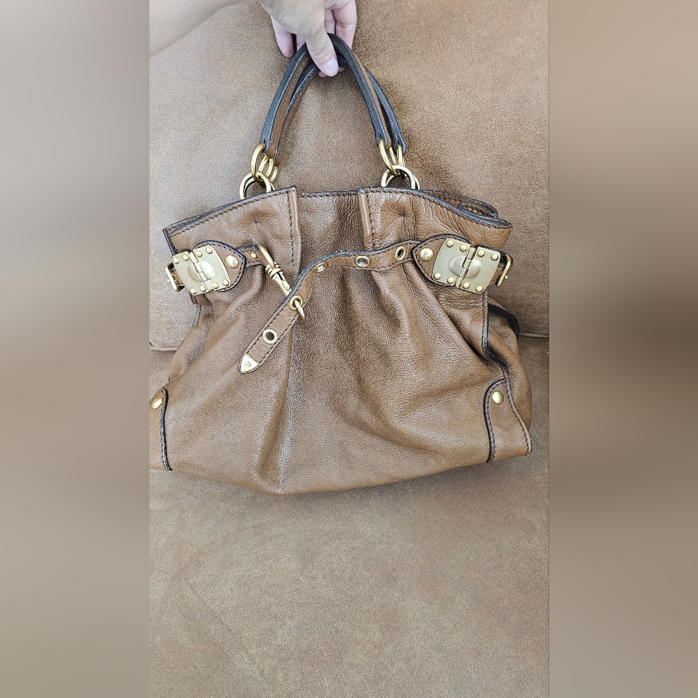 Miu Miu Brown Leather Shoulder Bag with Gold Accents